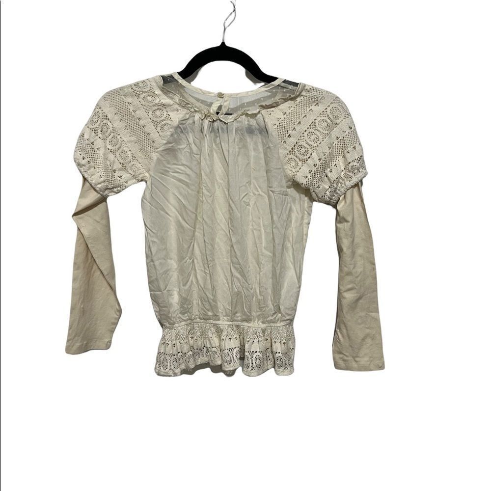 Jak & Peppar Long Sleeve Boho Crochet Lace Off-White Cream Peplum Top SZ 14